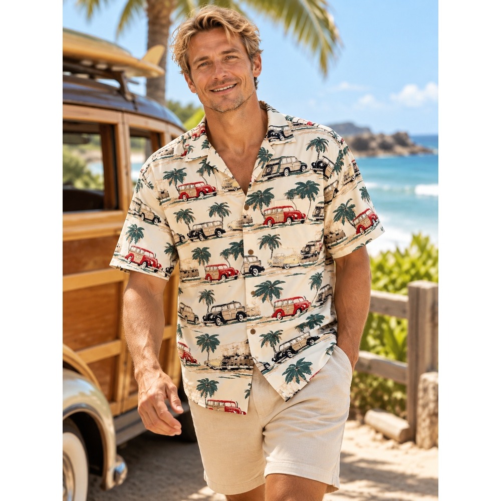 Vintage Keeler Bay Cotton Woody Wagon Palm Tree Tropical Retro Surf Shirt L